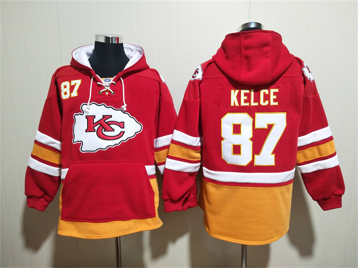 Kansas City Chiefs #87 Travis Kelce Hoodies Red Lace-Up Pullover Hoodie->->